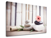 Klasický obraz na plátne s motívom FENG SHUI, bambus, kvety, príroda v béžovo-ružových odtieňoch, pokojná atmosféra, príroda, vhodný do obývačky – produkt