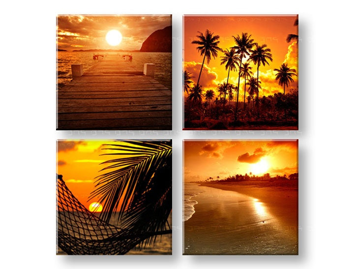 Kolážový obraz s motívom Summer time, mólo, palmy v oranžovo-červených odtieňoch | Obraz na stenu Summer time – náhľad