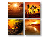 Kolážový obraz na plátne s motívom Summer time, mólo, palmy, pláž, oceán v oranžovo-červených odtieňoch, pokojná atmosféra, viacdielné prevedenie – hlavný