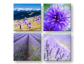 Kolážový obraz na plátne s motívom Wonderful view, hory, krajina, kvety, príroda v bielo-fialových odtieňoch, pokojná atmosféra, viacdielné prevedenie – hlavný