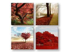 Kolážový obraz na plátne s motívom Colorful world, stromy, príroda v béžovo-modrých odtieňoch, romantická atmosféra, príroda a láska, viacdielné prevedenie – hlavný