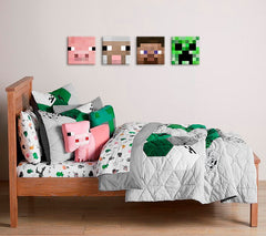 Moderný obraz s motívom detský motív, kvety, more a pláž v bielo-béžových odtieňoch | Minecraft obraz - Najlepšie postavičky na plátne - Steve, Creeper, Sheep, Pig – náhľad