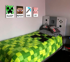 Moderný obraz na plátne v zeleno-bielych odtieňoch, hravá atmosféra, detstvo | Minecraft obraz - Najlepšie postavičky na plátne - Eat, Sleep, Mine, Repeat – hlavný