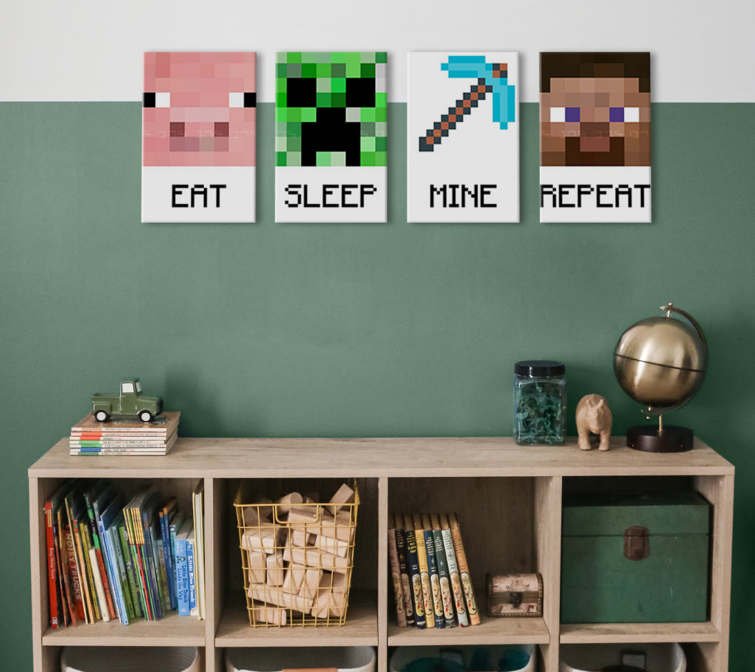 Moderný obraz na plátne v zeleno-bielych odtieňoch, hravá atmosféra, detstvo | Minecraft obraz - Najlepšie postavičky na plátne - Eat, Sleep, Mine, Repeat – produkt, pohľad 2