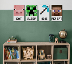 Moderný obraz na plátne v zeleno-bielych odtieňoch, hravá atmosféra, detstvo | Minecraft obraz - Najlepšie postavičky na plátne - Eat, Sleep, Mine, Repeat – produkt, pohľad 2