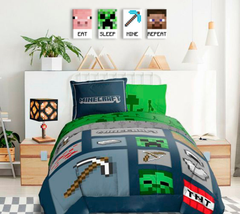 Moderný obraz na plátne v zeleno-bielych odtieňoch, hravá atmosféra, detstvo | Minecraft obraz - Najlepšie postavičky na plátne - Eat, Sleep, Mine, Repeat – produkt