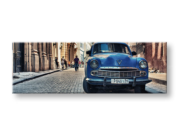 Obraz na plátne s motívom MOTO, automobil, mestský motív v béžovo-modrých odtieňoch, nostalgická atmosféra, mestský život, vhodný do kancelárie – hlavný