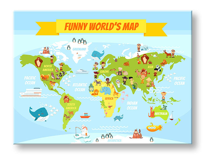 Obraz na plátne s motívom MAPY, mapa sveta, cestovateľský motív, detský motív, mapa v modrých odtieňoch, hravá atmosféra, vhodný do detskej izby – hlavný