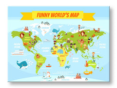 Obraz na plátne s motívom MAPY, mapa sveta, cestovateľský motív, detský motív, mapa v modrých odtieňoch, hravá atmosféra, vhodný do detskej izby – hlavný