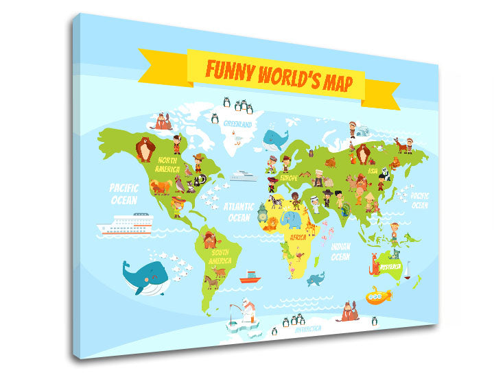 Obraz na plátne s motívom MAPY, mapa sveta, cestovateľský motív, detský motív, mapa v modrých odtieňoch, hravá atmosféra, vhodný do detskej izby – produkt