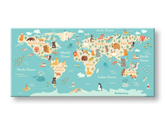 Obraz na plátne s motívom MAPY, mapa sveta, cestovateľský motív, mapa, more a pláž v modrých odtieňoch, hravá atmosféra, vhodný do detskej izby – hlavný
