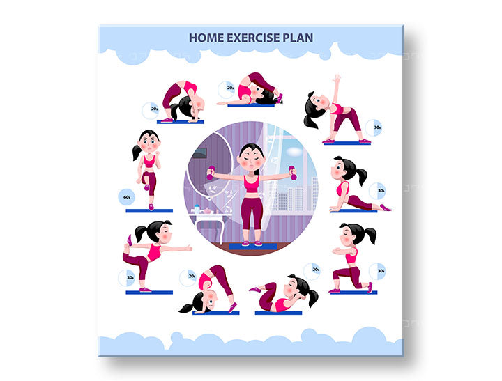 Obraz na plátne s motívom Home exercise plan, motivačný citát, športový motív v bielo-modrých odtieňoch, energická atmosféra, vhodný do pracovne – hlavný