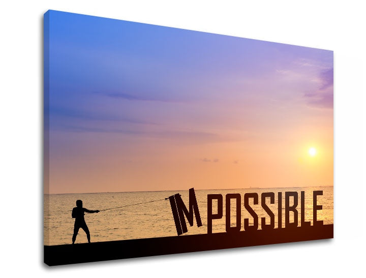 V boho štýle obraz s motívom Impossible, západ slnka, oceán v fialovo-modrých odtieňoch | Motivačný obraz na stenu Impossible, príroda – náhľad