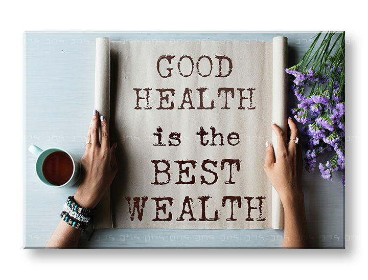 Obraz na plátne s motívom Good health, kvety, motivačný citát, náboženský motív, príroda v béžovo-hnedých odtieňoch, pokojná atmosféra – hlavný