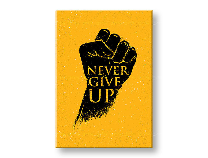 Obraz na plátne s motívom Never give up, motivačný citát v čierno-žltých odtieňoch, sila, vhodný do kancelárie | Motivačný obraz na stenu Never give up – hlavný