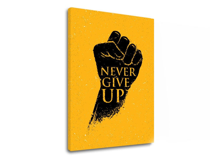 Moderný obraz s motívom Never give up, motivačný citát v čierno-žltých odtieňoch | Motivačný obraz na stenu Never give up, sila – náhľad