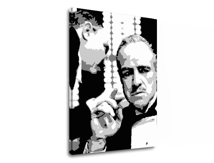 Moderný obraz na plátne s motívom GODFATHER v čierno-bielych odtieňoch, dramatická atmosféra, rodina a sila a moc | POP Art obraz GODFATHER – produkt