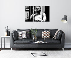 Pop art obraz na plátne s motívom Marlon Brando, cigara, fľaša, príroda v bielo-sivých odtieňoch, dramatická atmosféra, filmový svet a sila a moc – hlavný
