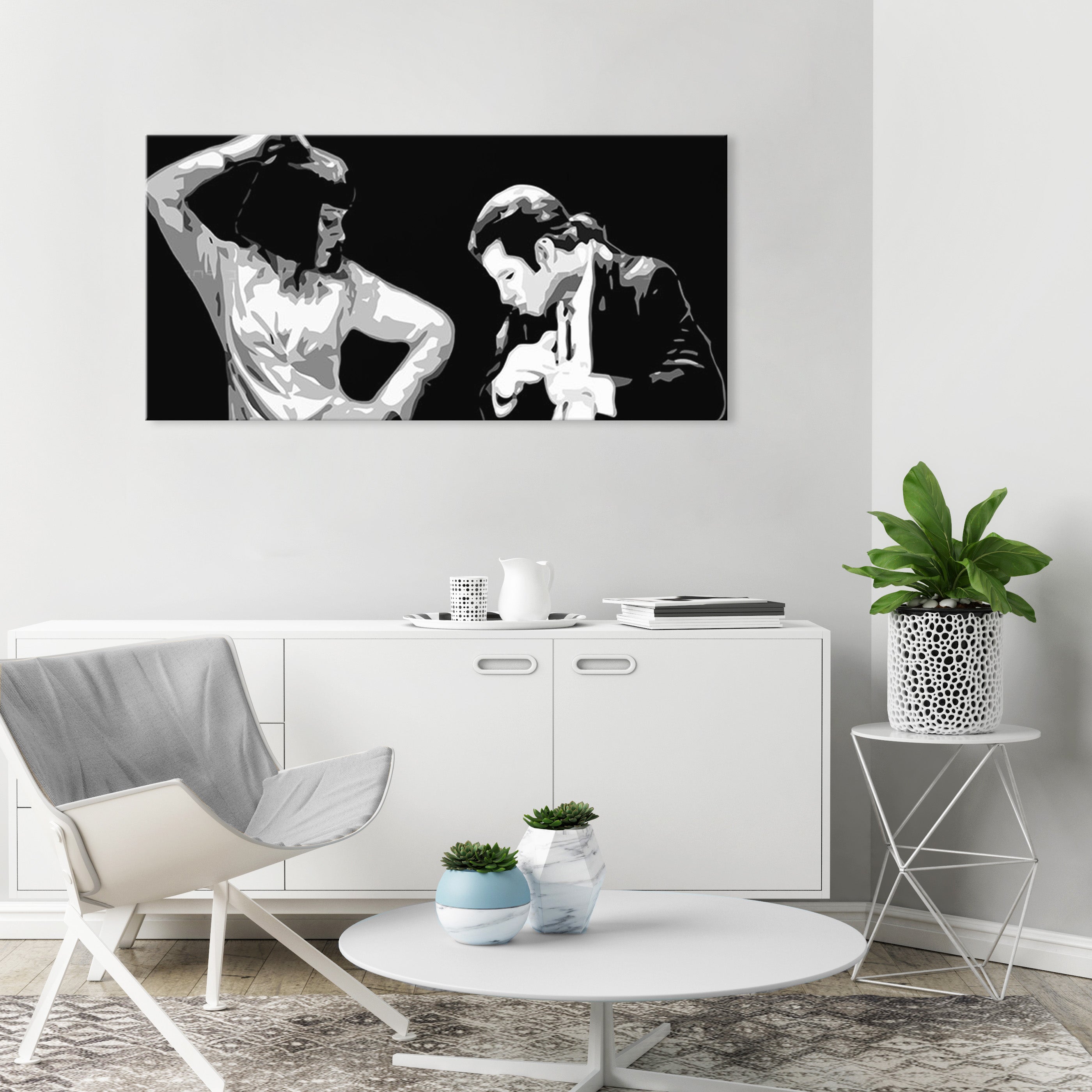 Pop art obraz na plátne s motívom Pulp Fiction, muž v obleku, príroda v bielo-čiernych odtieňoch, dramatická atmosféra, vhodný do kancelárie – hlavný