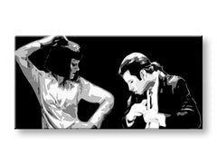 Pop art obraz na plátne s motívom Pulp Fiction, muž v obleku, príroda v bielo-čiernych odtieňoch, dramatická atmosféra, vhodný do kancelárie – produkt