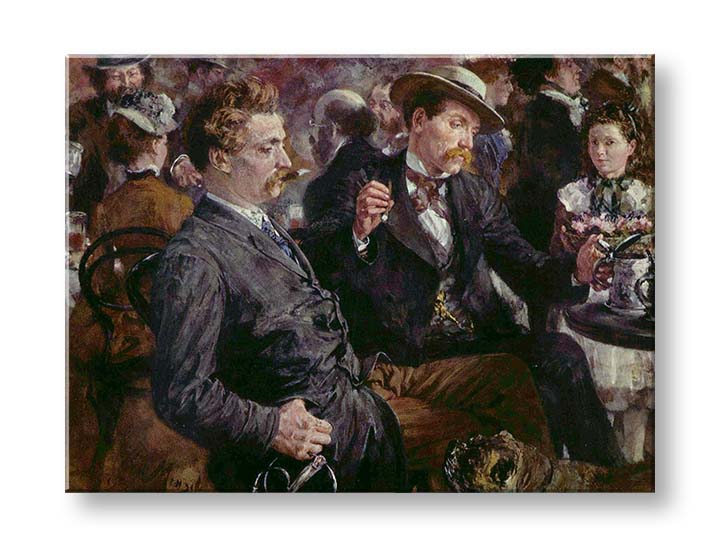 Moderný obraz na plátne s motívom Adolf Menzel - Na pivnej záhrade, pes v hnedo-bielych odtieňoch, mestský život | Obraz na plátne Adolf Menzel - Na pivnej záhrade – produkt
