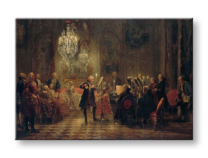 Moderný obraz na plátne v hnedo-čiernych odtieňoch, elegantná atmosféra | Obraz na plátne Adolph Menzel - Frederick Veľký hrá na flaute v Sanssouci – produkt