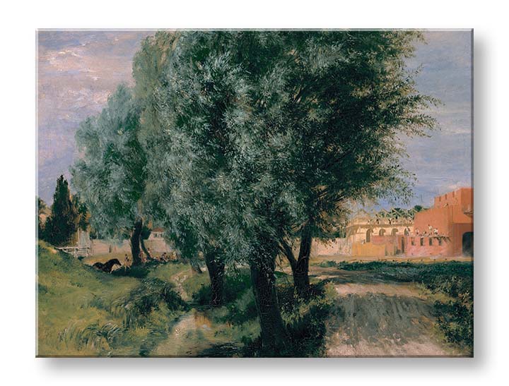 Moderný obraz na plátne s motívom Adolph Menzel - Stavenisko s vŕbami, stromy, cestička, obloha v zeleno-hnedých odtieňoch, pokojná atmosféra – produkt