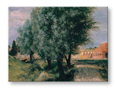 Moderný obraz na plátne s motívom Adolph Menzel - Stavenisko s vŕbami, stromy, cestička, obloha v zeleno-hnedých odtieňoch, pokojná atmosféra – produkt