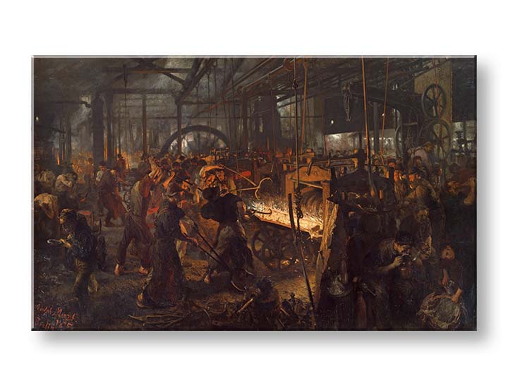 Moderný obraz na plátne s motívom Adolph Menzel - Valcovňa železa v čierno-žltých odtieňoch | Obraz na plátne Adolph Menzel - Valcovňa železa – produkt