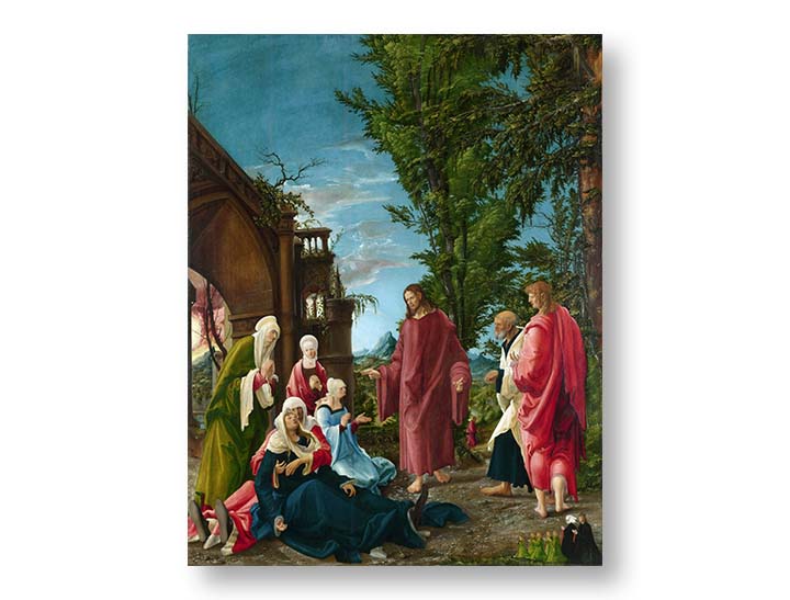 Moderný obraz na plátne s motívom krajina v modro-zelených odtieňoch, pokojná atmosféra, príroda | Obraz na plátne Albrecht Altdorfer - Kristus odchádza od svojej Matky – produkt