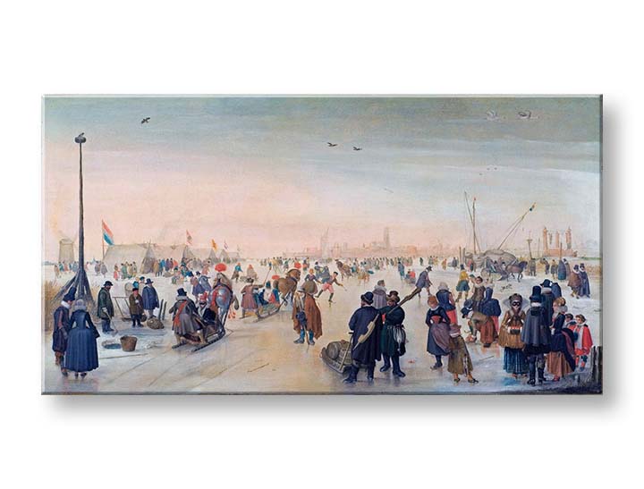 Moderný obraz na plátne s motívom Hendrick Avercamp - Zábava na ľade v meste, vtáky v hnedých odtieňoch, živá atmosféra | Obraz na plátne Hendrick Avercamp - Zábava na ľade v meste – produkt