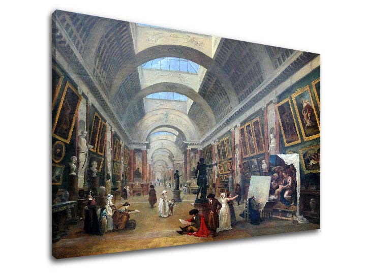 Vintage obraz na plátne s motívom Hubert Robert - Projekt Grande Galerie du Louvre, mapa v hnedo-modrých odtieňoch, slávnostná atmosféra, vhodný do chodby – produkt