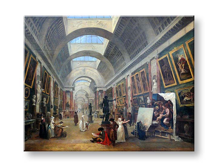 Vintage obraz na plátne s motívom Hubert Robert - Projekt Grande Galerie du Louvre, mapa v hnedo-modrých odtieňoch, slávnostná atmosféra, vhodný do chodby – produkt, pohľad 2