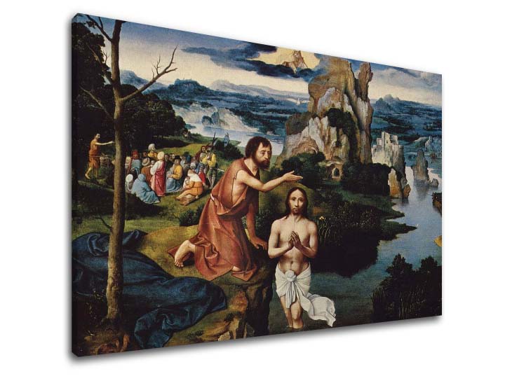 Moderný obraz na plátne s motívom Joachim Patinir - Krst Ježiša Krista, hrad v hnedo-modrých odtieňoch, slávnostná atmosféra, príroda | Obraz na plátne Joachim Patinir - Krst Ježiša Krista – hlavný