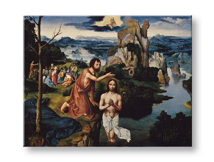 Moderný obraz na plátne s motívom Joachim Patinir - Krst Ježiša Krista, hrad v hnedo-modrých odtieňoch, slávnostná atmosféra, príroda | Obraz na plátne Joachim Patinir - Krst Ježiša Krist..., pohľad 2