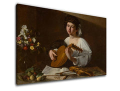 V boho štýle obraz na plátne s motívom Michelangelo Caravaggio - Lutnista, kvety, husle, hudobný motív, príroda v bielo-zlatých odtieňoch, vhodný do kuchyne – produkt