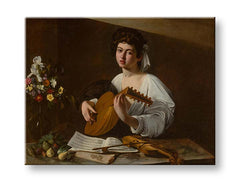 V boho štýle obraz na plátne s motívom Michelangelo Caravaggio - Lutnista, kvety, husle, hudobný motív, príroda v bielo-zlatých odtieňoch, vhodný do kuchyne – produkt, pohľad 2