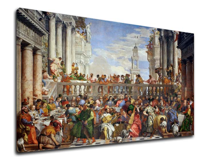 Pop art obraz na plátne s motívom Paolo Veronese - Svadba v Káne Galilejskej v modro-zelených odtieňoch, slávnostná atmosféra, vhodný do kuchyne – produkt