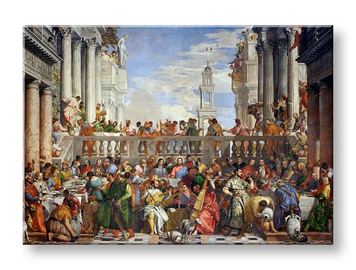 Pop art obraz na plátne s motívom Paolo Veronese - Svadba v Káne Galilejskej v modro-zelených odtieňoch, slávnostná atmosféra, vhodný do kuchyne – produkt, pohľad 2