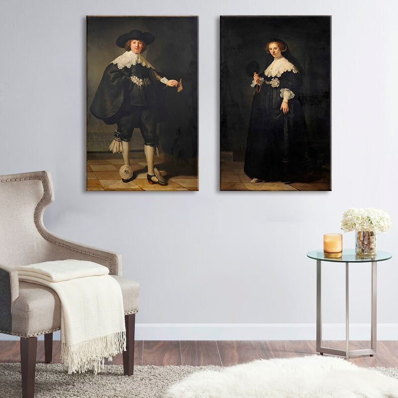 Vintage obraz s motívom muž, žena, pár v bielo-béžových odtieňoch | Obraz na plátne Rembrandt - Portréty Martena Soolmansa a Oopjena Coppita – náhľad