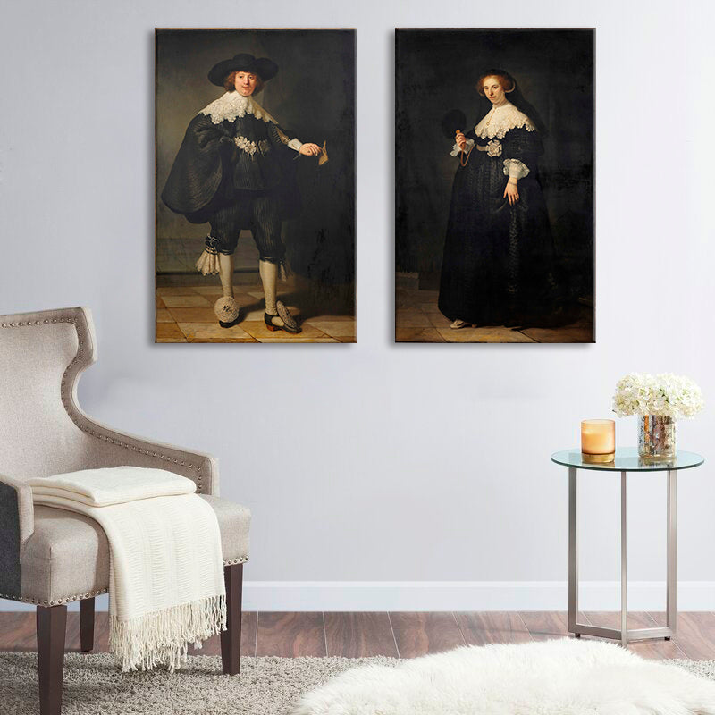 Vintage obraz na plátne s motívom muž, žena, pár, ľudia v bielo-béžových odtieňoch | Obraz na plátne Rembrandt - Portréty Martena Soolmansa a Oopjena Coppita – produkt, pohľad 2