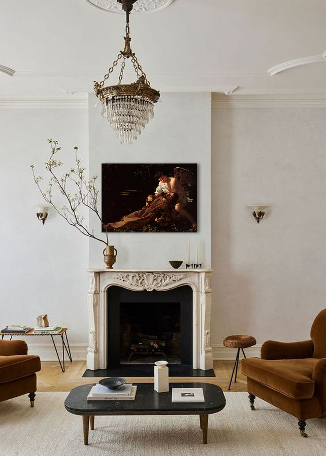 Vintage obraz s motívom anjel, náboženský motív, ľudia v hnedo-zlatých odtieňoch | Obraz na plátne Michelangelo Caravaggio - Svätý František z Assisi v extáze – náhľad