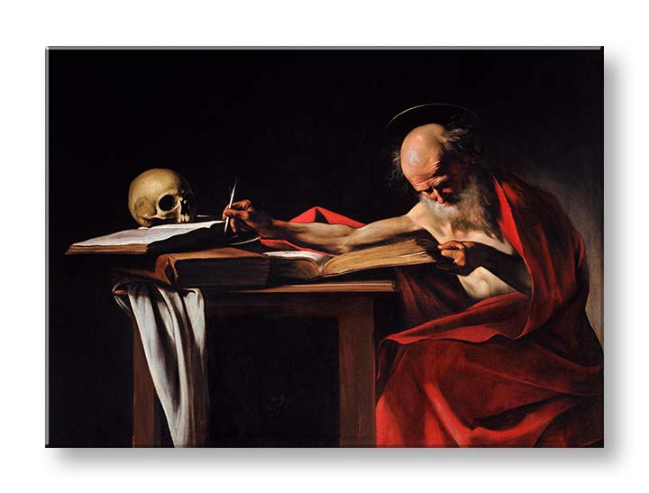 Vintage obraz na plátne s motívom Michelangelo Caravaggio - Svätý Jeroným, lebka, mapa v hnedo-červených odtieňoch, slávnostná atmosféra, vhodný do pracovne – produkt, pohľad 2