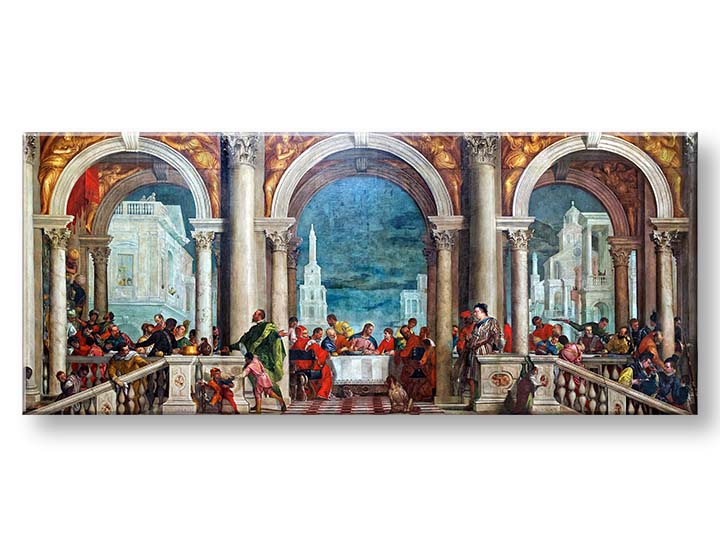 Pop art obraz na plátne s motívom Paolo Veronese - Kristus v Leviho dome v béžovo-modrých odtieňoch, slávnostná atmosféra, oslava, vhodný do obývačky – produkt, pohľad 2