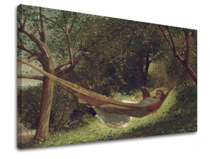 Vintage obraz na plátne s motívom Winslow Homer - Dievča v hojdacej sieti, kniha, stromy, krajina, mapa v zelených odtieňoch, pokojná atmosféra – produkt