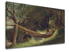 Vintage obraz na plátne s motívom Winslow Homer - Dievča v hojdacej sieti, kniha, stromy, krajina, mapa v zelených odtieňoch, pokojná atmosféra – produkt