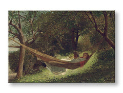 Vintage obraz na plátne s motívom Winslow Homer - Dievča v hojdacej sieti, kniha, stromy, krajina, mapa v zelených odtieňoch, pokojná atmosféra – produkt, pohľad 2