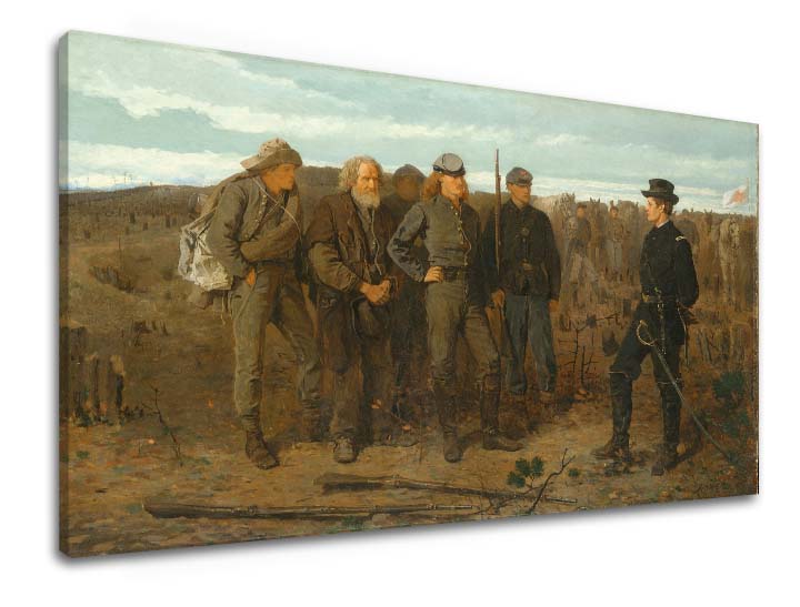 Vintage obraz na plátne s motívom Winslow Homer - Väzni z frontu, kone, krajina, mapa, príroda v béžovo-modrých odtieňoch, slávnostná atmosféra – produkt