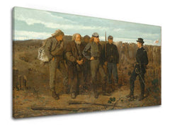 Vintage obraz na plátne s motívom Winslow Homer - Väzni z frontu, kone, krajina, mapa, príroda v béžovo-modrých odtieňoch, slávnostná atmosféra – produkt