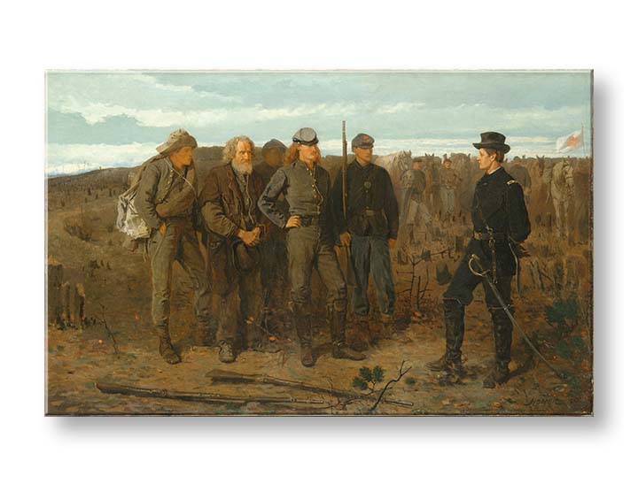 Vintage obraz na plátne s motívom Winslow Homer - Väzni z frontu, kone, krajina, mapa, príroda v béžovo-modrých odtieňoch, slávnostná atmosféra – produkt, pohľad 2